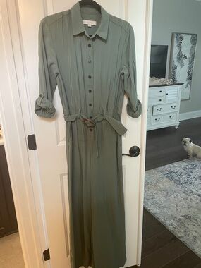 LOFT Olive Green Button-Front Jumpsuit Romper with Tie Waist